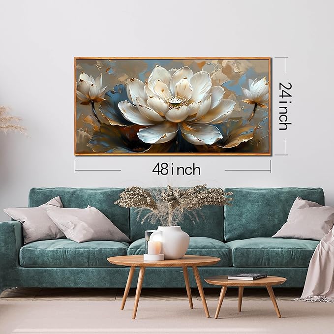Lotus Canvas Wall Art - White Flower Painting - Modern Framed Art Size 24" x 48" for Living Room