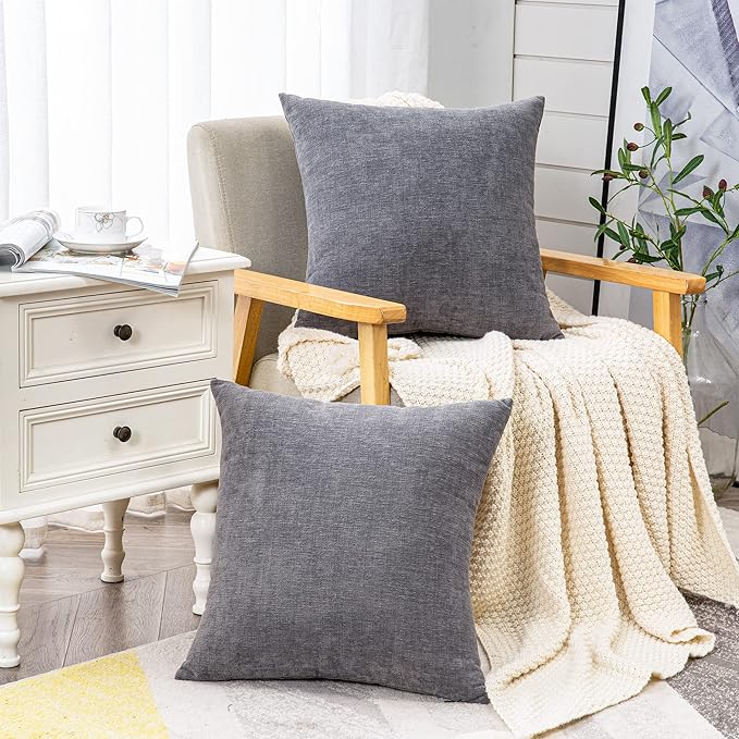 GAWAMAY Decorative Square Throw Pillow Covers 22"x22" Inch Set of 2, Super Soft Chenille Pillows Farmhouse Fall Pillowcase for Living Room Bedroom Sofa Couch Cushion Cover Grey 55x55cm (No Insert)
