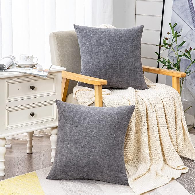 GAWAMAY Decorative Square Throw Pillow Covers 20"x20" Inch Set of 2, Super Soft Chenille Pillows Cover Fall Pillowcase for Living Room Bedroom Sofa Couch Cushion Cover Grey 50x50cm (No Insert)