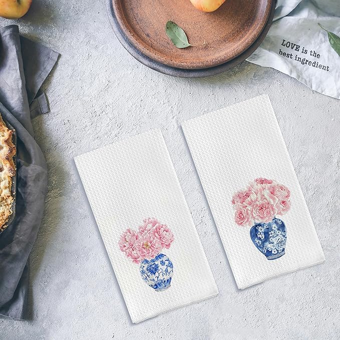 Chinoiserie Blue and White Porcelain Kitchen Towels Set of 2, Chinoiserie Decor Dish Towels for Kitchen, Pink Floral Chinoiserie Decorative Hand Towels for Bathroom Kitchen, 16x24 Inches