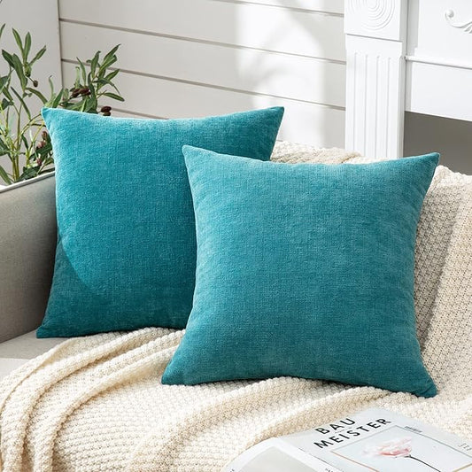 GAWAMAY Decorative Square Throw Pillow Covers 18"x18" Inch Set of 2, Super Soft Chenille Pillows Cover Fall Pillowcase for Living Room Bedroom Sofa Couch Cushion Cover Teal 45x45cm (No Insert)