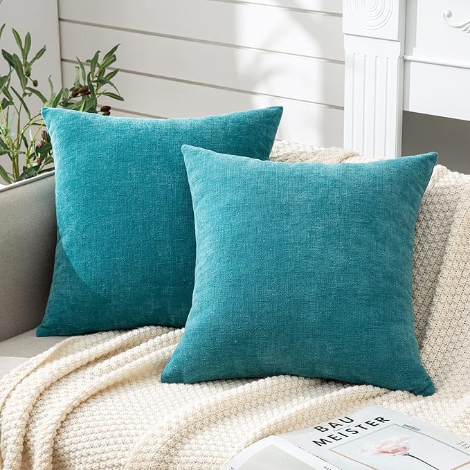 GAWAMAY Decorative Square Throw Pillow Covers 22"x22" Inch Set of 2, Super Soft Chenille Pillows Farmhouse Fall Pillowcase for Living Room Bedroom Sofa Couch Cushion Cover Teal 55x55cm (No Insert)