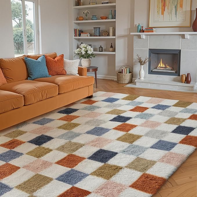 Checkered Rug 9x12 for Living Room, Modern Rainbown Shag Rug Washable Non-Slip Large Area Rug Super Soft Indoor Fuzzy Carpet Fluffy Rugs for Bedroom Home Aesthetic Decor