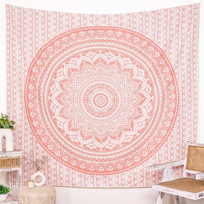 RAJRANG Ombre Mandala Tapestry Rose Gold Wall Hanging Hippie Cotton Tapestries Beach Throw College Dorm Decor Bohemian Boho Bedsheet King 90x108 Inches