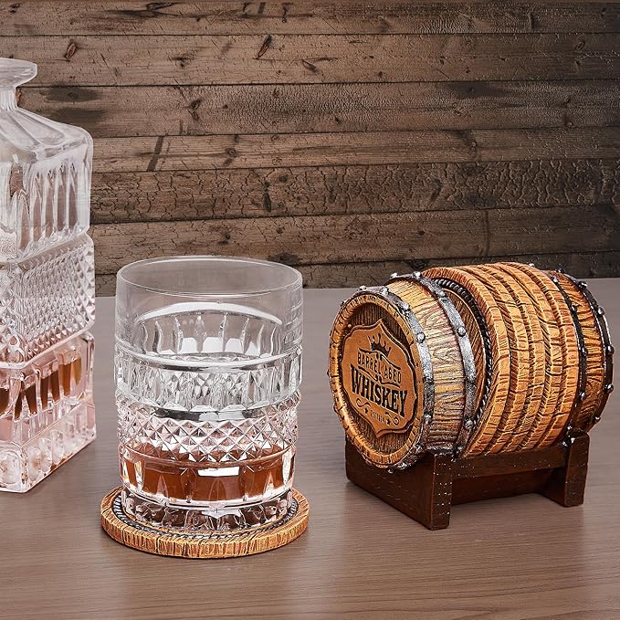 Cabin Obsession Whiskey Barrel Coaster Set – Handcrafted Whiskey Barrel Decor for Whiskey Lovers and Man Cave Gifts for Men - 6 Full Size Whiskey Coasters with Barrel Style Holder for Man Cave Décor