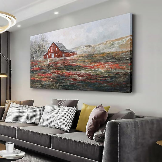 Farmhouse Wall Art Canvas Picture Red Rustic Barn Farm Artwork Decor Country Landscape Panoramic Countryside Rural Nature Scene Painting for Living Room Bedroom Office Decor Wall Decor 20"x40"