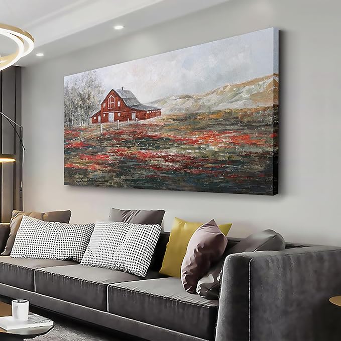 Farmhouse Wall Art Canvas Picture Red Rustic Barn Farm Artwork Decor Country Landscape Panoramic Countryside Rural Nature Scene Painting for Living Room Bedroom Office Decor Wall Decor 29"x58"