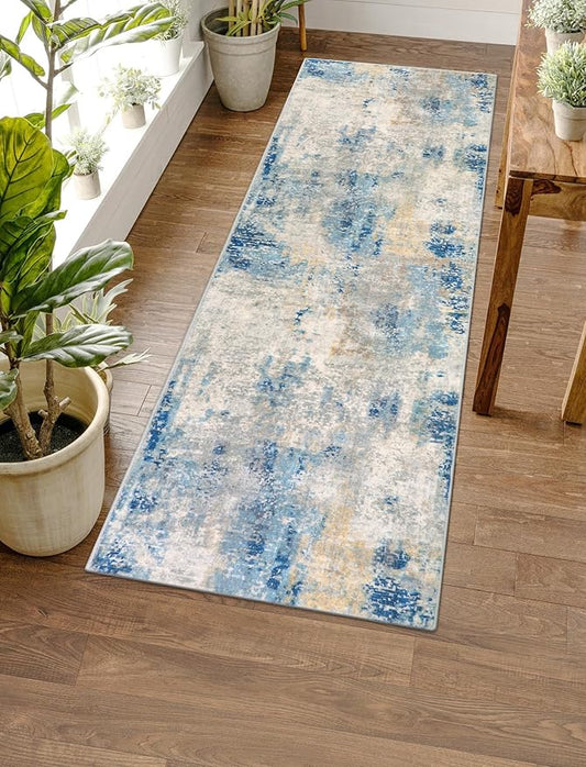 Lahome Modern Abstract Blue Bathroom Rug, 2x6 Washable Long Hallway Rug Soft Non Slip Blue Floor Accent Carpet Runner for Entryway Kitchen Laundry Room Doorway Bedroom