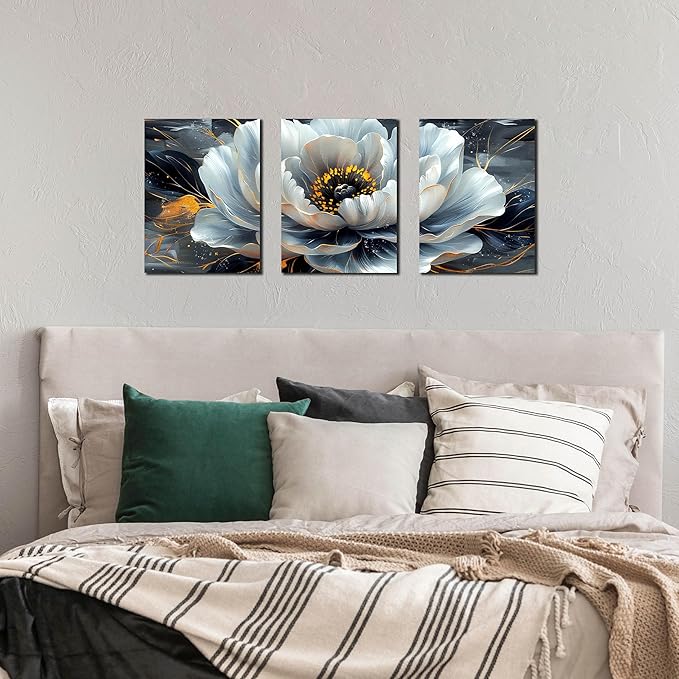 Flower Pictures Wall Art for Living Room - Modern Office Artwork Wall Decor - Black and White Canvas Wall Art for Bedroom Size 12" x 16" x 3 Pieces