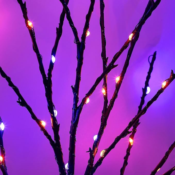 Lighted Halloween Tree Branches, 30IN 100LED Artificial Black Twig Branch with Purple&Orange Fairy Lights, Built-in Timer & Battery Operated, Waterproof for Outdoor Pathway Lawn Garden Decorations