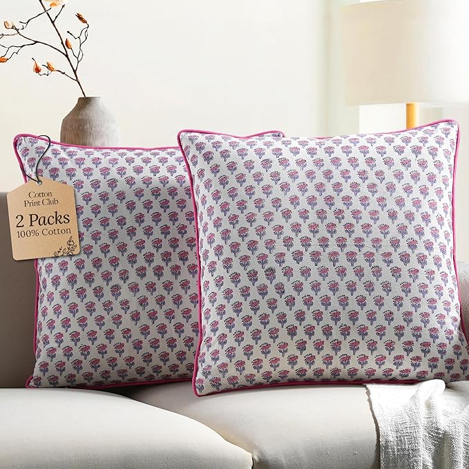 CPC 100% Cotton Throw Pillow Covers 24x24 Inch, Set of 2 Pink Block Print Pattern Couch Pillow, Cute Boho Decorative Pillows for Living Room, Bedroom with Hidden Zipper- Pink Sapphire