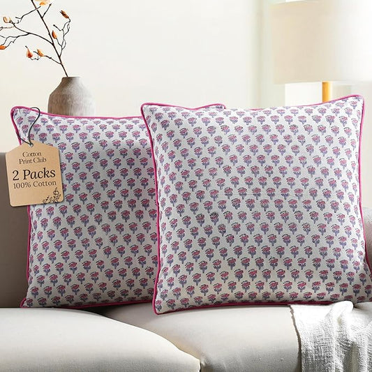 CPC 100% Cotton Throw Pillow Covers 20x20 Inch, Set of 2 Pink Block Print Pattern Couch Pillow, Cute Boho Decorative Pillows for Living Room, Bedroom with Hidden Zipper- Pink Sapphire
