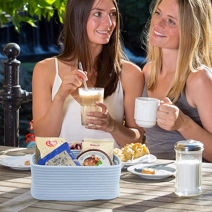 Small Woven Storage Baskets 12“X8”X5“ Decorative Rope Bins for Organizing Shelves, Closets, and Toys, Empty Gift Baskets, Cute Organizer Basket for Home and Office (blue, regular)