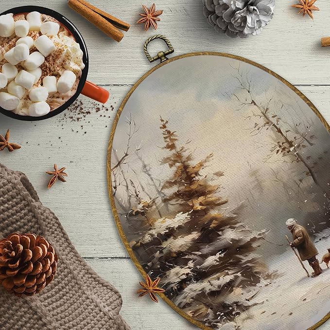 CUANFDDSF Vintage Farmhouse Winter Oval Wall Art Decor, Rustic Christmas Pine Tree Landscape Wall Hanging Decor, Retro Country Winter Framed Canvas Prints for Home Bedroom Living Room, 8.6x11.4 Inch