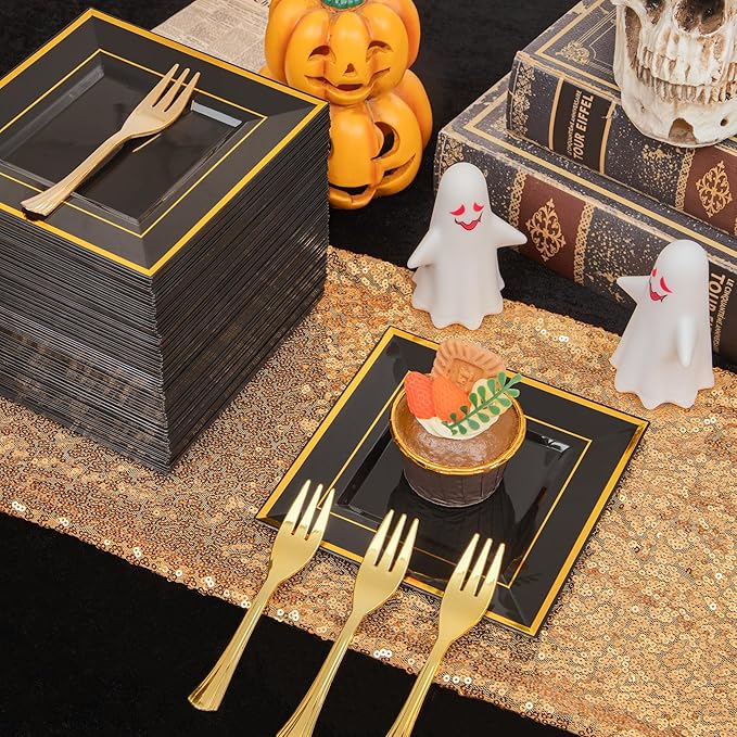 WDF 200PCS Black and Gold Plastic Dessert Plates with Plastic Forks -6’’ 100 Square Disposable Appetizer Plates Small Plate Cake Plate with Gold Rim for Halloween