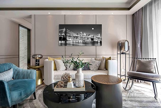Baisuart-Q30350 Brooklyn Bridge Night View 1 Panels Landscape Artwork Canvas Prints Moon Night New York City Scene Picture Paintings Black and white Wall Art for Oiffce Home Decorations Wall Decor