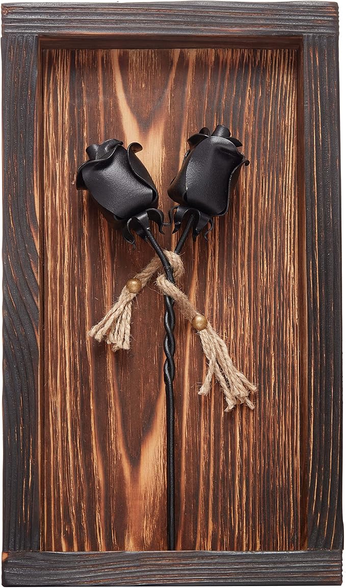 NOVECRAFTO Set of 2 Forged Iron Roses Twisted Together Forever - Placed in Mountable Wooden Frame - Unique 3D Gift