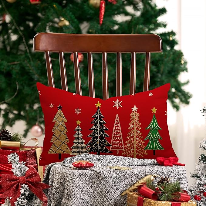 Christmas Pillow Cover 12X20 Inch Red Green Christmas Tree Stars Decoration Holiday Farmhouse Winter Pillow Case for Sofa Couch Decor