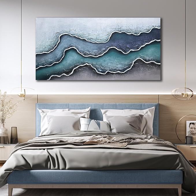 Blue and White Oil Painting Wall Art for Bedroom Beach Canvas Wall Art for Office Extra Large Wall Decor for Living Room Size 36 x 72 Inch