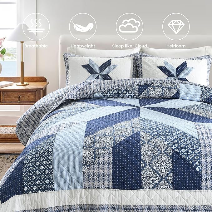 Secgo Handmade Quilted 100% Cotton King Comforter Set for Bed - 100% Cotton Quilts King Size, Black Bedspreads (96 * 108 Inch) with 2 Pillow Shams, Patchwork Reversible Lightweight Bedding