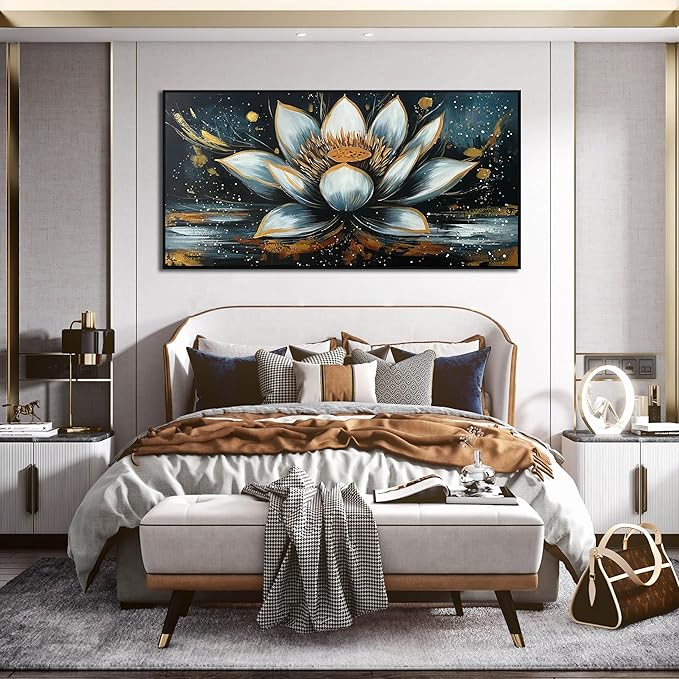 Lotus Flower Hand Painted Wall Art for Bedroom - Black and White Pictures Wall Art for Living Room - Black Framed Wall Art for Office Size 29" x 59"