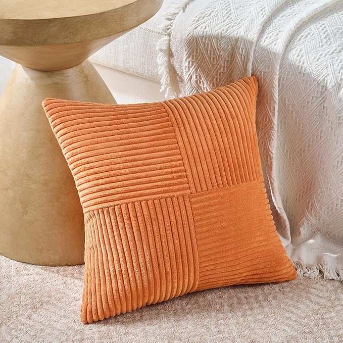 Fancy Homi 4 Packs Orange Fall Decorative Throw Pillow Covers 20x20 Inch for Living Room Couch Bed Sofa, Rustic Farmhouse Boho Home Decor, Soft Cross Corduroy Patchwork Accent Cushion Case 50x50 cm