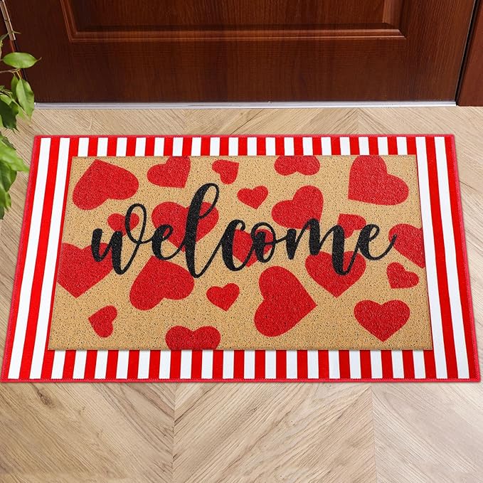 2 Pcs Valentines Welcome Door Mat Heart Outdoor Welcome Mats for Front Door Non Slip Heart Coir Floor Mat Red White Stripe Valentines Rug for Outside Front Porch Entryway Decor
