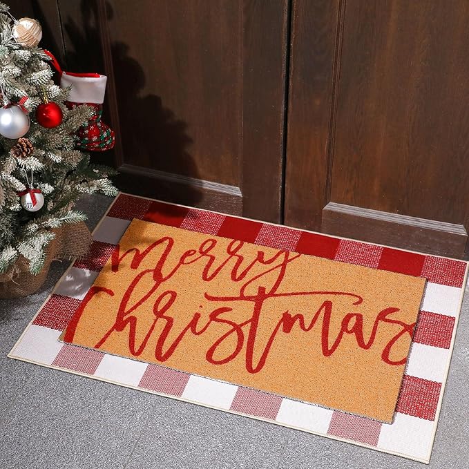 2 Pcs Christmas Door Mat Xmas Welcome Non Slip Coir Mats Merry Christmas Red White Buffalo Plaid Floor Layering Doormats Seasonal for Front Porch Entryway Decor(Red White Buffalo)