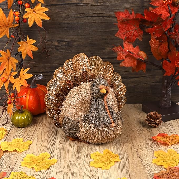 Winemana Thanksgiving Turkey Decorations Indoor, Sisal Figurines Home Centerpiece Decor, Handmade Large Turkey for Table, Office, Mantel - Fall Harvest Gifts