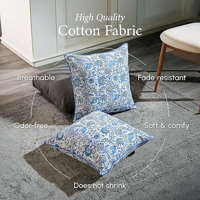 CPC 100% Cotton Throw Pillow Covers 18x18 Inch, Set of 2 Blue Block Print Pattern Couch Pillow, Cute Boho Decorative Pillows for Living Room, Bedroom with Hidden Zipper- Indigo Blue