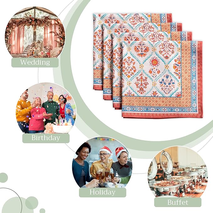 Maison d' Hermine Cloth Napkins Set of 4 100% Cotton Everyday Reusable Square Napkins Cloth Washable, Dinner, Party, Wedding, Restaurant (Romane, 20" x 20")