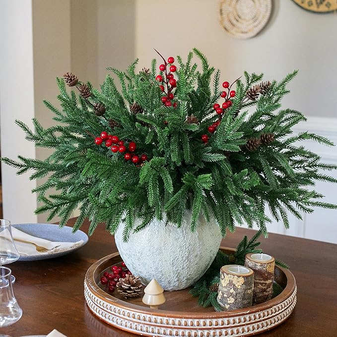 Artificial Christmas Norfolk Pine Stems Branches for Vases,17 Bundles Faux Pine Branches with Pinecones and Red Berries Branches,Fake Greenery Evergreen Real Touch for Holiday Winter Table Xmas Décor