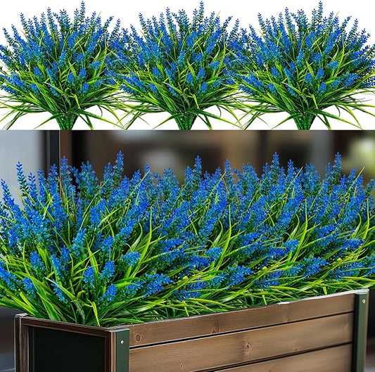 Artificial Flowers for Outdoor Plants 24 Bundles Fake Lavender Plastic Faux Monkey Grass for Verandah Window Garden Office Patio Front Porch UV Resistant for Planter(Blue)