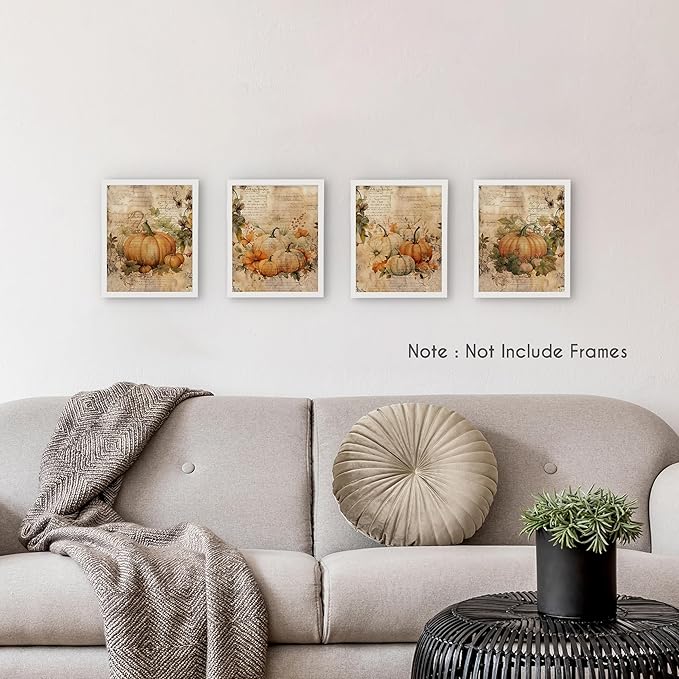 HRQKO Vintage Fall Wall Art Poster Prints Set of 4, Fall Wall Decor, Farmhouse Pumpkin Decor Artwork Prints Posters Wall Decor, Fall Pumpkin Decorations for Home Bedroom Kitchen 8”x10” Unframed