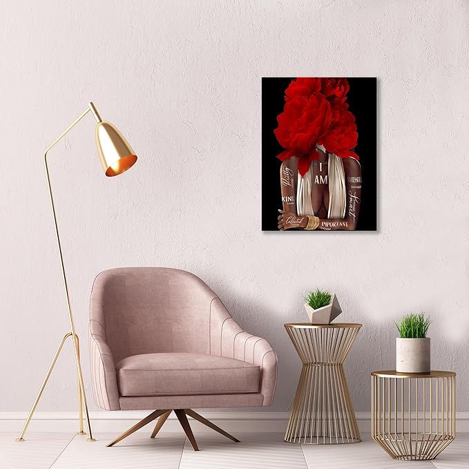 Inspirational Wall Art Canvas, African American Empowerment, Red Floral Design, Modern Home Decor 12"x16"
