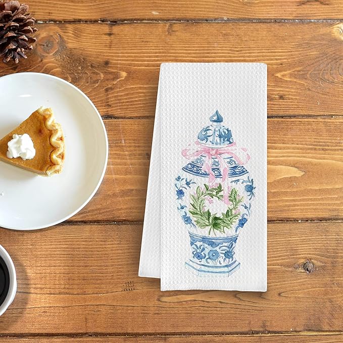 Blue and White Porcelain Kitchen Towels and Hand Towels, 16x24 Inches - Pink Coquette Bow Design, Chinoiserie Decor