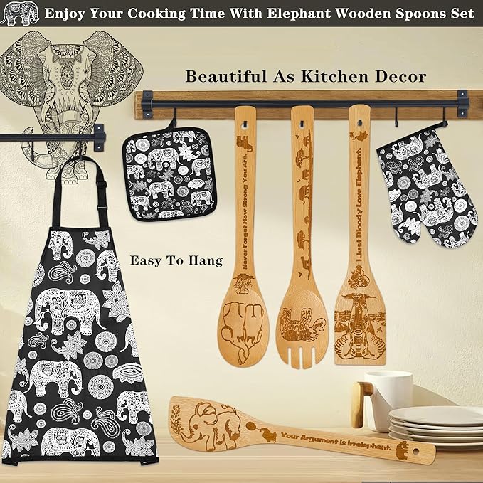 Elephant Gifts for Women,8pcs Elephants Bamboo Cooking Utensil Spoons with Apron Oven Mitt Potholder,Personalized Elefante Gift for Mom,Housewarming Kitchen Decor,Birthday Gifts (Black)