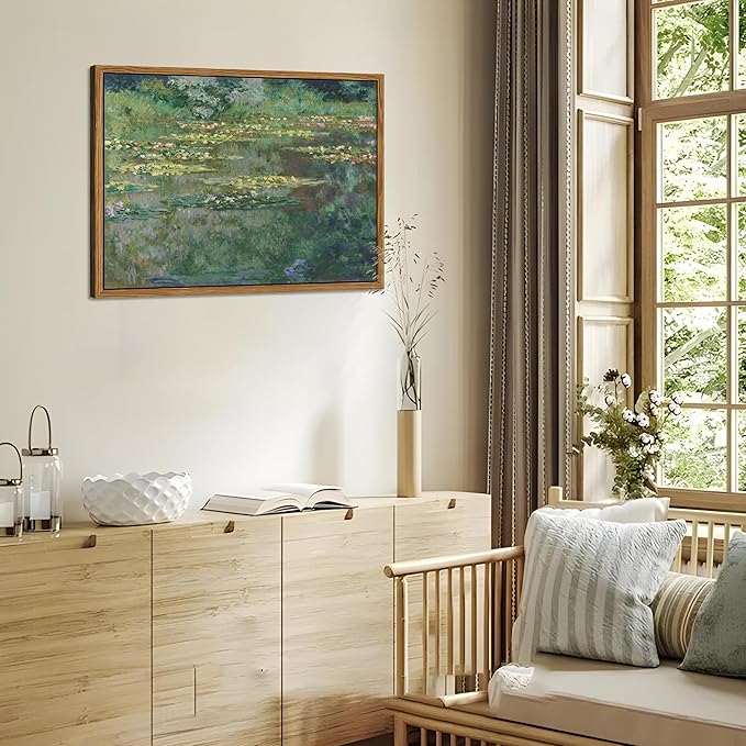 Framed Claude Monet Wall Art – Vintage Water Lilies Pond Painting Wall Decor, Impressionist Living Room Wall Art, Classic Aesthetic Canvas Prints for Bedroom Kitchen Bathroom – 24"x16"