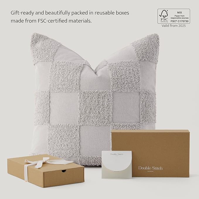 Double Stitch 100% Cotton Throw Pillow Covers - Checkered Tufted Boho Decorative Pillow Covers 20x20, Made in India, Square Cushion Case, Modern Home Decor for Couch, Sofa, Living Room, Winter Sky