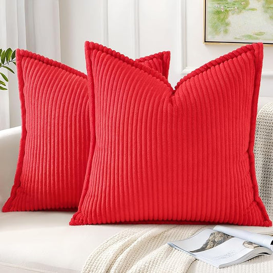 Mecatny Corduroy Throw Pillow Covers 20x20 Set of 2, Neutral Decorative Soft Boho Couch Pillow Covers with Broadside for Sofa Living Room, Red