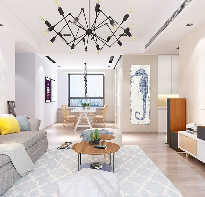 Yihui Arts, Seahorse Hand-Painted Wall Art on Canvas Abstract Artwork Art Wood Stretched Hanging Wall Decoration Sea Style Blue Painting for Home Decor