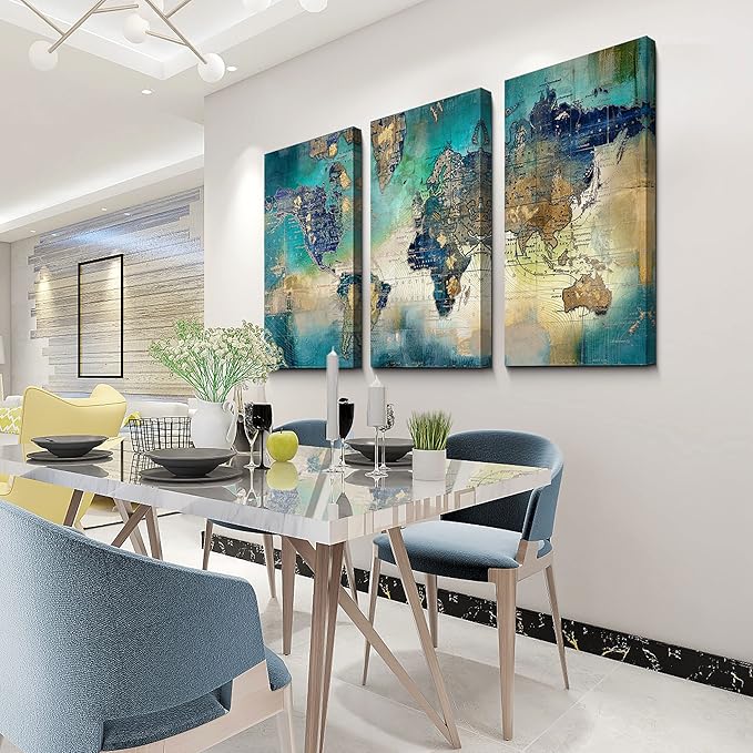 Pogusmavi Canvas Wall Art for Living Room - World Map Wall Decor - Large Wall Art for Bedroom - Office Artwork - Map Wall Art 16"x32" 3 Piece Canvas Wall Art