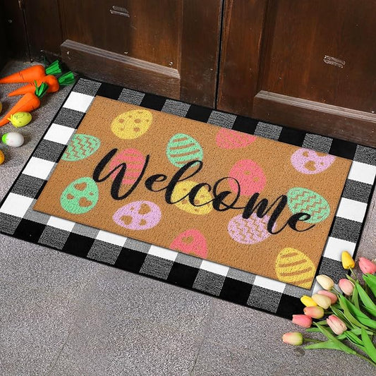 2 Pcs Door Mat Welcome Non Slip Coir Mats Floor Layering Doormats Seasonal for Front Porch Entryway Decor(Easter Eggs)