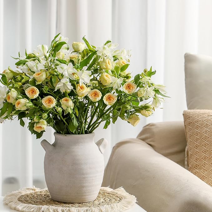 Ceramic Flower Vase Home Decor - Farmhouse Table Vases with Handle Living Room Decoration Vintage Decorative Aesthetic for Shelf Coffee Dining Desk House Bookshelf Fireplace (7.1" Rustic)