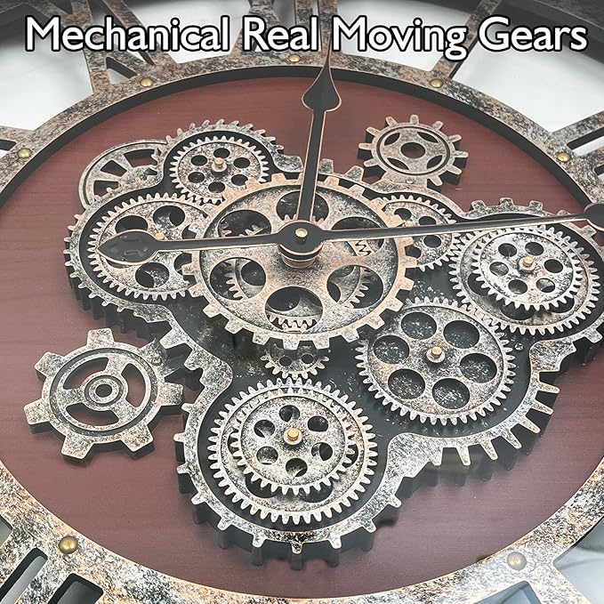 DORBOKER 30" Original Moving Gears Wall Clock, Large Industrial Wall Clock for Living Room Decor, Retro Wood Vintage Farmhouse Steampunk Rustic Clocks for Wall Decor,Black Walnut