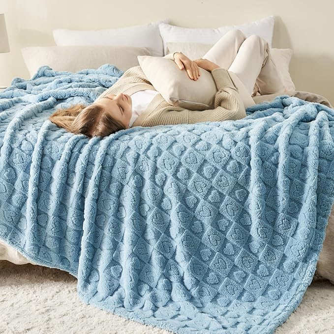 NEWCOSPLAY Super Soft Queen Blanket Blue Premium Silky Flannel Fleece 3D Heart Checkered Lightweight Bed Blanket All Season Use (Blue Heart, Queen(90"x90"))
