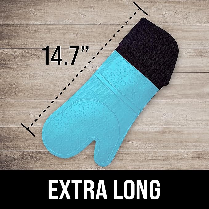 BPA-Free Soft Silicone Oven Mitts - Ultra Heat Resistant Oven Mitts with Thick Cotton Liner - Extra Long Slip Resistant Pot Holders, Flexible Oven Gloves - Aqua/Black 14.7"