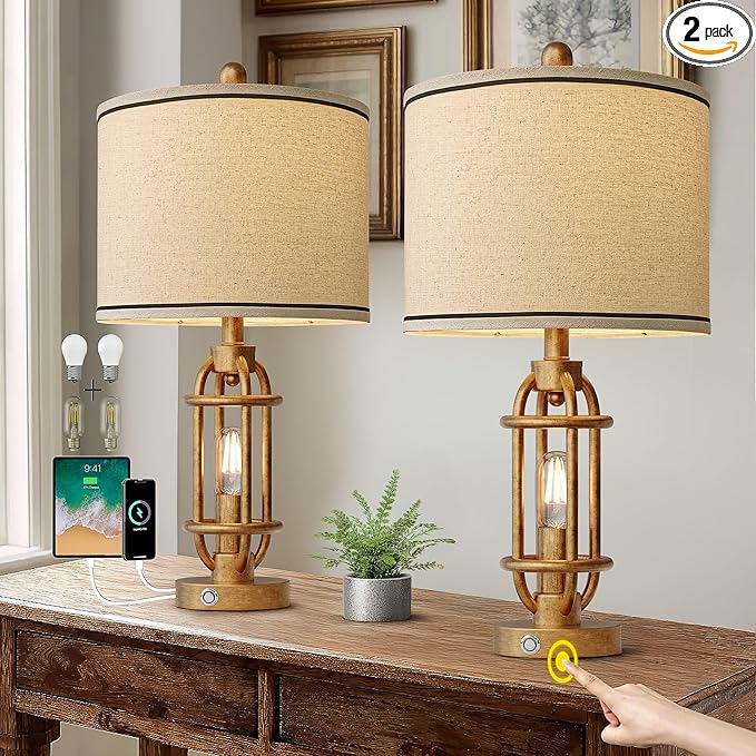 23.75'' Table Lamps Set of 2 for Living Room Bedroom Industrial Farmhouse Metal Touch Lamps with USB A+C Ports, Night Light Vintage Nightstand Bedside Lamp, Bulbs Included, Antique Gold