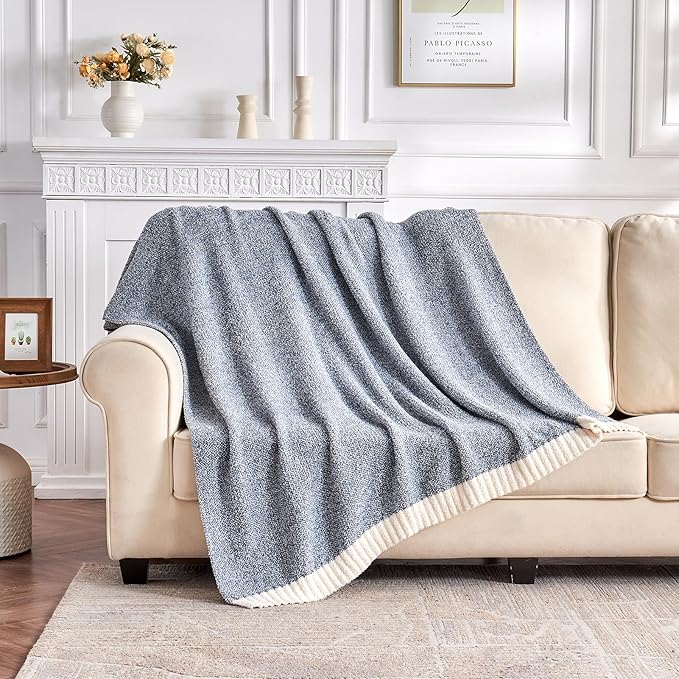 CozeCube Melange Blanket, Ultra Soft Blue and White Throw Blanket, Warm Cozy Knit Fuzzy Plush Reversible Throw for Couch Bed Sofa, 60"x80"