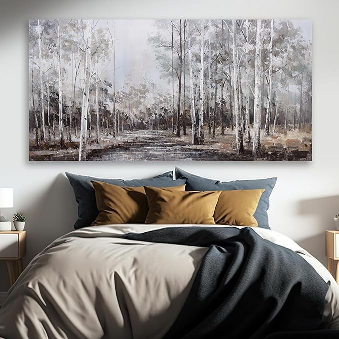White Birch Tree Wall Art Grey Forest Painting Abstract Canvas Art Landscape Panoramic Picture Nature Artwork Framed for Living Room Bedroom Dinning Room Home Office Wall Decor 48"x24"
